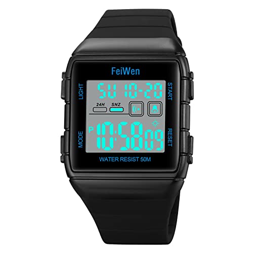 FeiWen Unisex Uhren Digitaluhr Sportuhr Multifunktional Countdown Alarm Outdoor Wasserdicht LED Doppelte Zeit Plastik Armbanduhren mit Kautschuk Band (Blau) von FeiWen