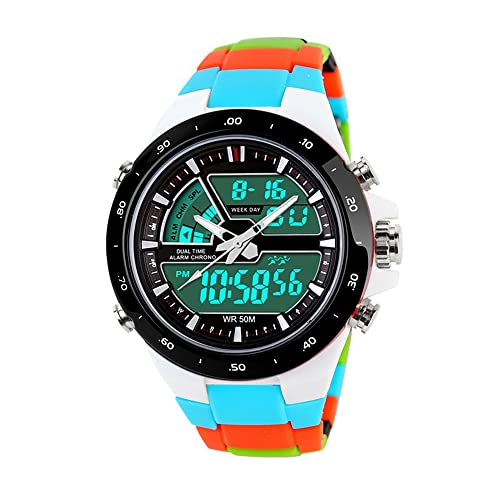 FeiWen Wasserdicht Unisex Multifunktional Armbanduhren Edelstahl Fall mit Plastik Band Outdoor Militär Sport LED Digitales Analog Quarz Uhren Doppelte Zeit Back Licht Stoppuhr Alarm Kalender von FeiWen