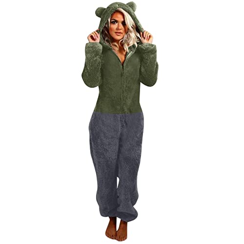 Damen Jumpsuit Elegant Teddy Fleece Schlafanzug Einteiler Winter Warm Onesie Plüsch Kuschelig Overall Flauschig Hausanzug Lang Schlafoverall Weich Pyjama Schlafanzug mit Kapuze & Reißverschluss von Feibeauty