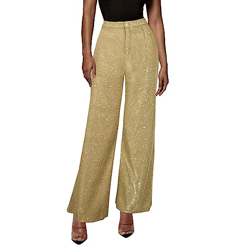 Damen Sommerhose Marlenehose Damen Haremshose Damen Sommer Frauen Glitzer Elegant Casual Hosen Mit Knopf Breites Bein Palazzo Lang Freizeithose Longbluse Damen LäSsig FüR Leggings (Gold, L) von Feibeauty