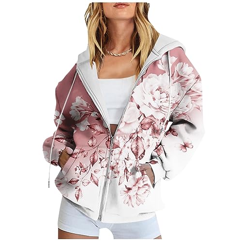 FeiBeauty Sweatshirt Damen Sweatjacke Ohne Kapuze Blumenmuster Langarm Jacke Mit Leicht Sportjacke Basic Dünne Sommerjacke von FeiBeauty
