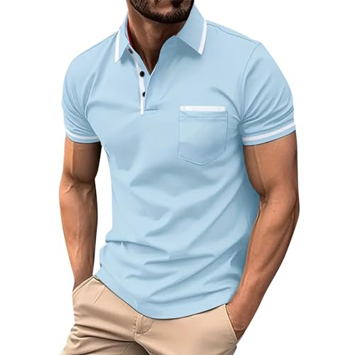 Herren T Shirt, Outdoor Tshirt Herren Poloshirt Herren Mit Brusttasche Einfarbig Umlegekragen Kurzarm Basic Poloshirts Regular Fit Golf Polohemd Polohemd Bowling Hemd(Light Blue,M) von Feibeauty