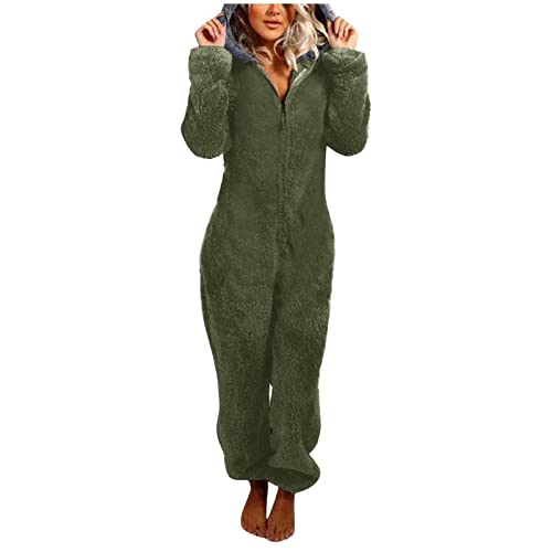 Jumpsuit Damen Elegant Damen Jumpsuit Fleece Schlafanzug Einteiler Winter Warm Onesie Plüsch Kuschelig Overall Flauschig Schlafanzug Lang Schlafoverall Pyjama Hausanzug mit Kapuze & Reißverschluss von Feibeauty