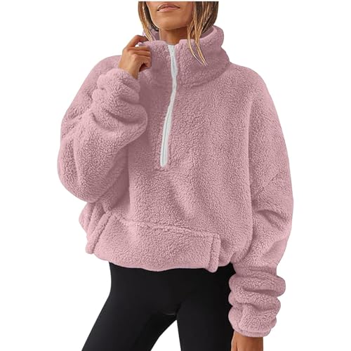 Sweatjacke Damen Teddy Jacke Warm Langarm Pullover Mit Tasche Elegant Stehkragen Reißverschluss Fleece Mantel von FeiBeauty