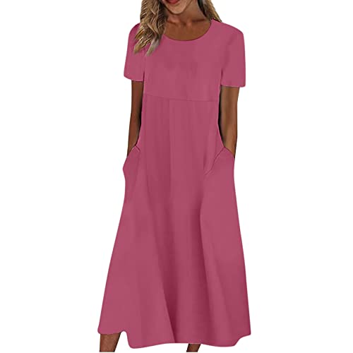 Sexy Kleid Damen Weisses Kleid Damen Kleid Damen Festlich Drucken Midikleid Mit Tasche Kurzarm Rundhals Kleid Sexy Swing Kleid A Linie Kleider Locker Midikleid Ballkleid Lang (Hot Pink, XL) von Feibeauty