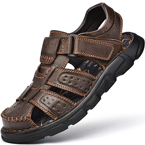 Feichi Herren Sport Sandalen Geschlossene Zehenpartie Outdoor Handarbeit Leder Sandale Verstellbar Sommer Angler Strandschuhe, Braun (braun), 44 EU von Feichi