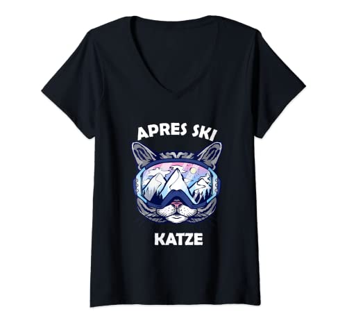 Damen Ski fahren & Apres Ski Katze Damen Frauen T-Shirt mit V-Ausschnitt Damen Ski fahren & Apres Ski Katze Damen Frauen T-Shirt mit V-Ausschnitt von Feier Katze im Schnee