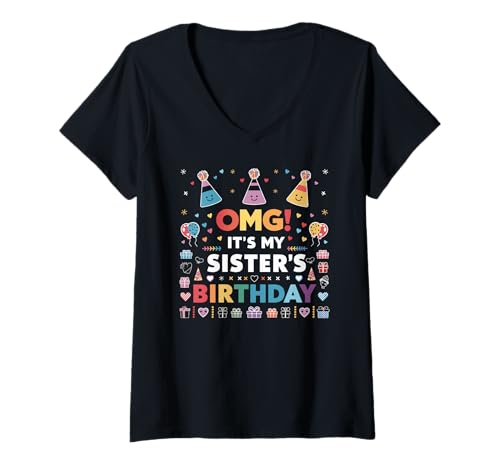 Damen OMG Geburtstag Schwester Party Bunt Ballons Herzfreude T-Shirt mit V-Ausschnitt von Feier Konfetti Farbenfroher Geschwister Spaß
