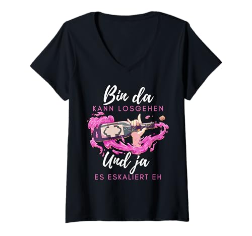 Damen Lustiger Party Spruch mit Sektflasche Pop Art T-Shirt mit V-Ausschnitt von Feierlaune Grafik mit knalliger Flaschenoptik