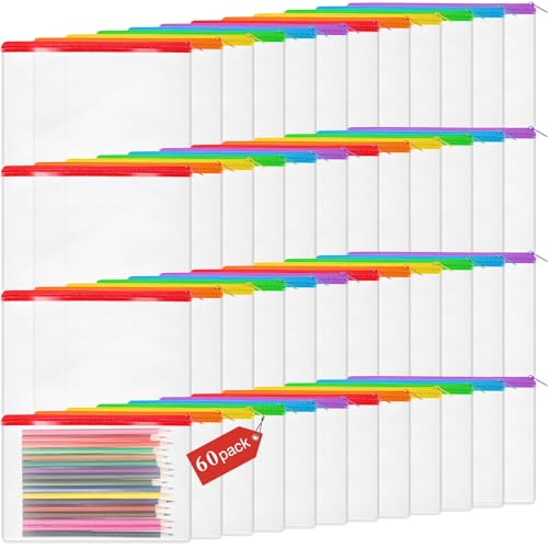Feifeiya Transparente PVC-Federmäppchen, Großpackung, 21,6 x 14 cm, weiches Federmäppchen, transparente Reißverschlusstasche für Kinder, Mädchen, Jungen, Schulbedarf, Reiseaufbewahrung, bunt, 60 Stück von Feifeiya