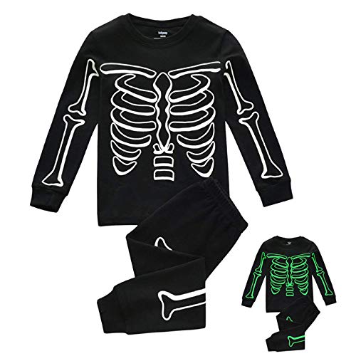 FeiliandaJJ Jungen Schlafanzug Glow in Dunkel Halloween Skelett Langarm Pyjama Set Jungen Herbst Winter Warm Zweiteiliger Schlafanzüge Nachtwäsche Kleidungs Set (Schwarz, 110 (3-4 Jahre)) von FeiliandaJJ(TM)