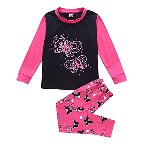 FeiliandaJJ Mädchen Schlafanzug Schmetterling Drucken Zweiteiliger Schlafanzüge Langarm Herbst Winter Pyjama Set Kinder Nachtwäsche (5-6 Jahre, Pink) von FeiliandaJJ(TM)