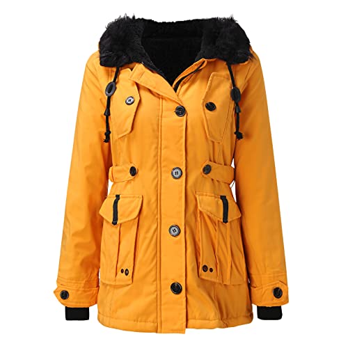 FeiliandaJJ Winterjacke Damen Lange Dicke Warm Fleece Gefüttert Wintermantel mit Kunstfell Kapuze Winter Mantel Jacke Parka Softshelljacke Damenjacke Steppjacke Winddichte Outdoorjacke (Gelb, XXXL) von FeiliandaJJ(TM)