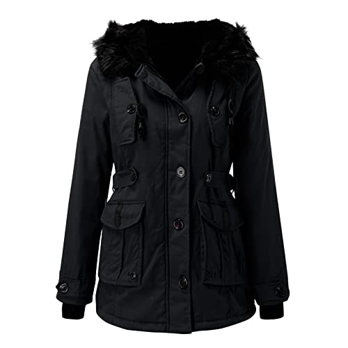 FeiliandaJJ(TM) Winterjacke Damen Lange Dicke Warm Fleece Gefüttert Wintermantel mit Kunstfell Kapuze Mantel Jacke Parka Softshelljacke Damenjacke Steppjacke Winddichte Outdoorjacke (Schwarz, XXXL) von FeiliandaJJ(TM)