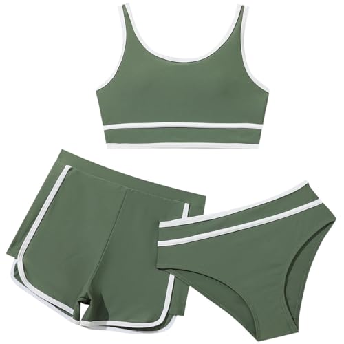 3 Teiliges Mädchen Bikini Sets Einfarbiges Badeanzug Verstellbare Bikini Tank Oberteil mit Triangel Bikinihose Und Kurz Shorts Sommer Strand Sportliche Bademode Badebekleidung für 8-14 Jahre von FeiliandaJJ