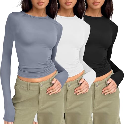 3er Pack Damen Langarmshirt Y2k Tops Sexy Oberteil Einfarbig Sweatshirt Langarm Crop Top Y2K Aesthetic Clothes Slim Oberteile Langarm Shirt von FeiliandaJJ