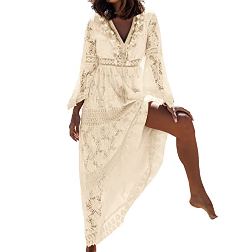 Damen Sommer Slip Boho Maxikleid Lace Up Quaste V-Ausschnitt Flare Rüschen Strandkleider Spitze Fransen Ausgestelltes Kleid Große Swing Kleider Strand Cover Up, beige, 46 von FeiliandaJJ