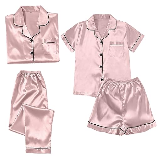 FeiliandaJJ 4-teiliges Schlafanzug Damen Satin Pyjama Damen Bequemer Pyjama Set Damen Schlafanzüge mit Knopfleiste V-Ausschnitt Hausanzug Nachtwäsche Kurzarm Oberteil + Cami Top + Lange/Kurze Hose von FeiliandaJJ