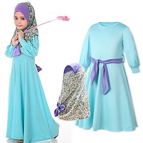 FeiliandaJJ Baby Mädchen Muslimische Kleider Kleinkind Blau Länge Kleid mit Kopftücher Lange Ärmel Prinzessin Kleid Abaya Robe Länge Kleid Islamische Kleidung (120(5-6 Years), Blau) von FeiliandaJJ