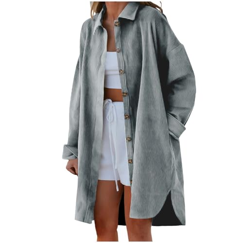 FeiliandaJJ Cordjacke Damen Lange Herbst Button-Down Übergangsjacke Shirts Langarm Revers Blusen Hemdjacke Cordhemd Freizeitjacke mit Taschen S-XXL von FeiliandaJJ