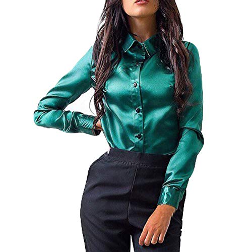 FeiliandaJJ Damen Hemd Bluse, Seide Langarm Shirt Slim Fit Freizeit Oberteil Elegant Top (Türkis, DE 46/XL) von FeiliandaJJ