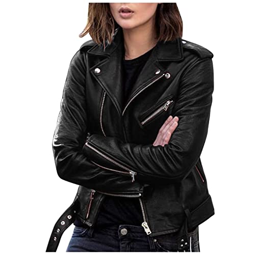 FeiliandaJJ Damen Kunstlederjacke Motorrad Übergröße Moto Biker Lederjacke Slim Fit Reißverschluss Mantel Kurz Leicht Mode Casual Jacken S-5XL von FeiliandaJJ