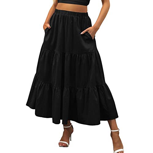 FeiliandaJJ Damen Lang Rock Einfarbig Hohe Elastische Taille mit Taschen Maxirock Elegant A Linie Faltenrock Festlich Freizeitrock Boho Langrock Hochzeit Strandrock von FeiliandaJJ