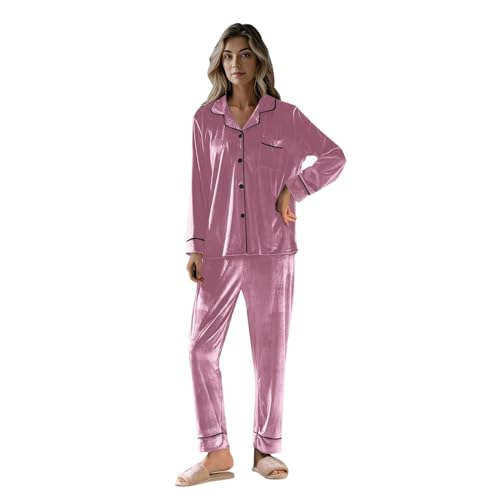 FeiliandaJJ Damen Samt Schlafanzug Lang Große Größen Pyjama Set Bequemer Rundhals Pyjama Set Zweiteiliger Schlafanzüge Hausanzug Nachtwäsche Schlafanzugoberteil und Pyjamahose von FeiliandaJJ