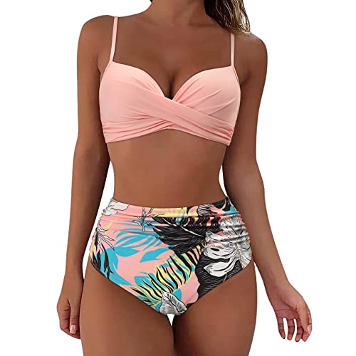 FeiliandaJJ Damen Wickel Push Up Bikini Oberteil mit Bauchweg High Waist Bikini Set Bademode Crossover Badeanzüge Blumenmuster Bikini Bademode Bauchkontrolle Bikini Sets von FeiliandaJJ