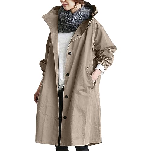 FeiliandaJJ Damen Windbreaker Lang Leichte Atmungsaktiv Button Down Windjacke Hoodie Elegant Übergangsjacke mit Kapuze und Tasche Herbst Winddicht Kordelzug Mantel von FeiliandaJJ