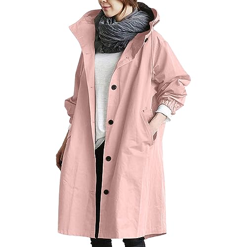 FeiliandaJJ Damen Windbreaker Leichte Atmungsaktiv Elegant Lange Winddicht Jacke mit Kapuze und Tasche Große Größen Frühling Herbst Übergangsjacke Mantel Windjacke von FeiliandaJJ