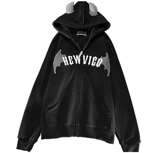 FeiliandaJJ Damen Y2K Zip Up Hoodie Halloween Kostüm Damen Fledermaus Print Kapuzenpullover Herbst Winter Casual Sweatjacke Locker Kapuzenjacke mit Tasche Teenager Mädchen Mode Sweatshirts von FeiliandaJJ