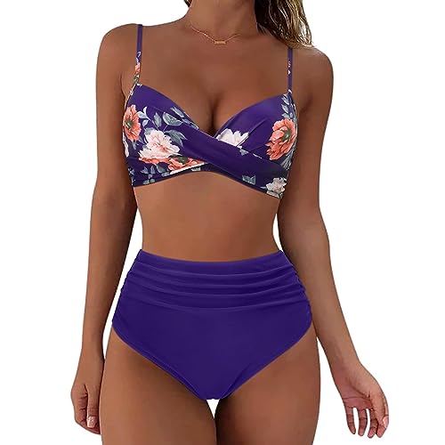 FeiliandaJJ High Waist Bikini Damen Set, Sexy V Ausschnitt Push Up Badeanzug Damen Bauchweg, Zweiteiliger Ruched Bikini Bauchkontrolle Badeanzüge, Crossover Bikini Oberteil mit Bikinihose von FeiliandaJJ