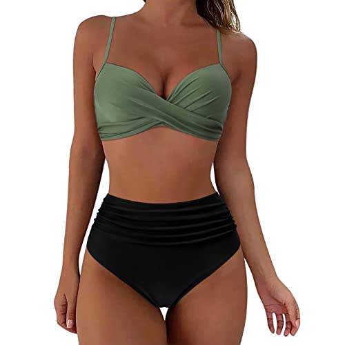 FeiliandaJJ High Waist Bikini Damen Set, Sexy V Ausschnitt Push Up Badeanzug Damen Bauchweg, Zweiteiliger Ruched Bikini Bauchkontrolle Badeanzüge, Crossover Bikini Oberteil mit Bikinihose von FeiliandaJJ