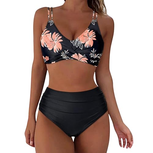 FeiliandaJJ High Waist Bikini Damen Set, Sexy V Ausschnitt Push Up Badeanzug Damen Bauchweg, Zweiteiliger Ruched Bikini Bauchkontrolle Badeanzüge, Crossover Bikini Oberteil mit Bikinihose von FeiliandaJJ