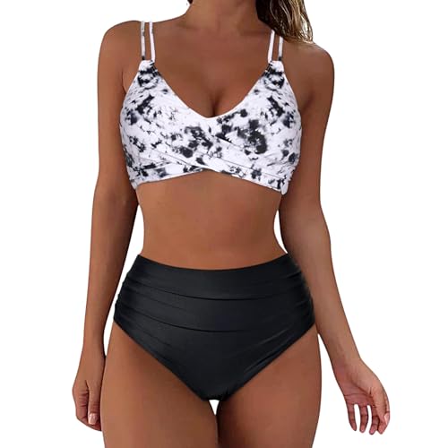 FeiliandaJJ High Waist Bikini Damen Set, Sexy V Ausschnitt Push Up Badeanzug Damen Bauchweg, Zweiteiliger Ruched Bikini Bauchkontrolle Badeanzüge, Crossover Bikini Oberteil mit Bikinihose von FeiliandaJJ