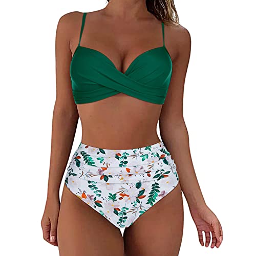 FeiliandaJJ High Waist Bikini Damen Set, Sexy V Ausschnitt Push Up Badeanzug Damen Bauchweg, Zweiteiliger Ruched Bikini Bauchkontrolle Badeanzüge, Crossover Bikini Oberteil mit Bikinihose von FeiliandaJJ