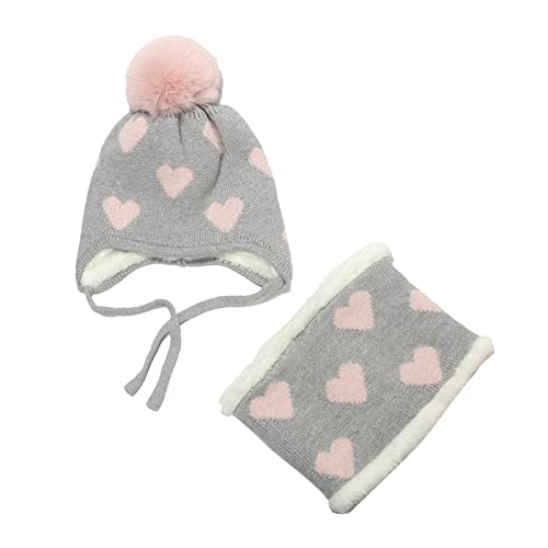 FeiliandaJJ Kinder Mädchen Strickmütze + Loop Schal Set, Herz Muster Baumwollmütze mit Bommel Weich Kinder Beanie Mütze mit Fleece-Futter Nackenwärmer Halstuch Herbst Winter 2-8 Jahre von FeiliandaJJ