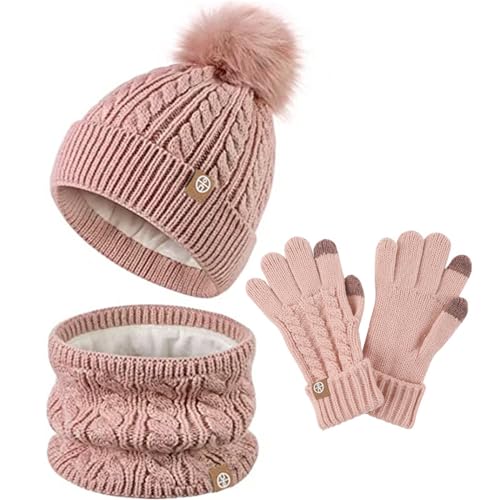 FeiliandaJJ Kindermütze + Loop Schal + Handschuhe Set Winter Babymütze Junge Mädchen Warme Kindermütze Junge Beanie Mütze Dicke Warme gefüttert Wintermütze für Herbst Winter 5-12 Jahre von FeiliandaJJ