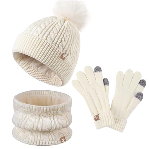 FeiliandaJJ Kindermütze + Loop Schal + Handschuhe Set Winter Babymütze Junge Mädchen Warme Kindermütze Junge Beanie Mütze Dicke Warme gefüttert Wintermütze für Herbst Winter 5-12 Jahre von FeiliandaJJ