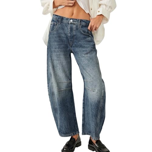 FeiliandaJJ Mid Rise Barrel Jeans für Frauen Wide Leg Mid Waist Cropped Denim Pants Y2k Baggy Boyfriend Jeans with Pockets von FeiliandaJJ