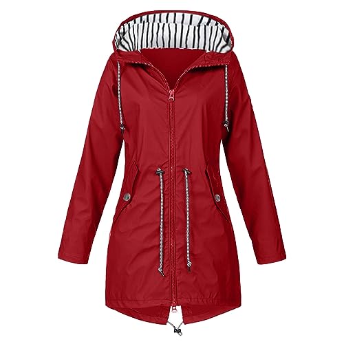 FeiliandaJJ Wasserdichte Regenjacke für Damen - mit Kapuze und Tasche - atmungsaktiv - Herbst - Winter - leichte faltbare Jacke - Softshelljacke - Fahrradjacke für Outdoor, Wandern, rot, 42 von FeiliandaJJ