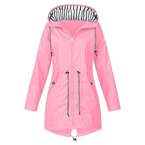 FeiliandaJJ Wasserdichte Regenjacke für Damen - mit Kapuze und Tasche - atmungsaktiv - Herbst - Winter - leichte faltbare Jacke - Softshelljacke - Fahrradjacke für Outdoor, Wandern, Rosa, 52 von FeiliandaJJ