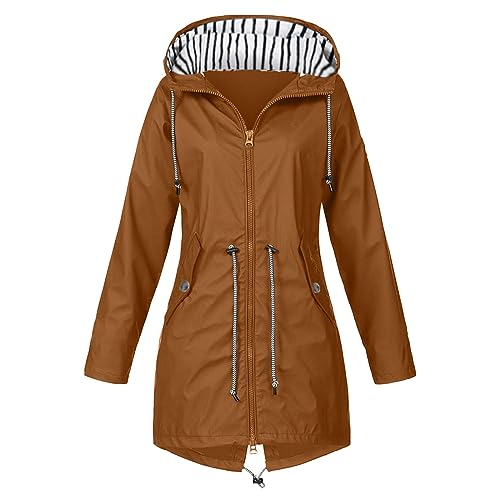 FeiliandaJJ Wasserdichte Regenjacke für Damen - mit Kapuze und Tasche - atmungsaktiv - Herbst - Winter - leichte faltbare Jacke - Softshelljacke - Fahrradjacke für Outdoor, Wandern, coffee, 36 von FeiliandaJJ