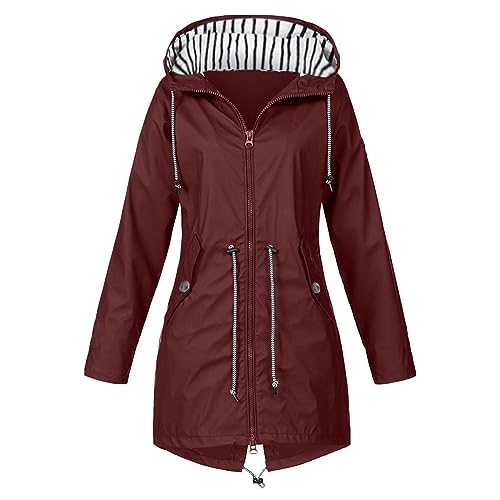 FeiliandaJJ Wasserdichte Regenjacke für Damen - mit Kapuze und Tasche - atmungsaktiv - Herbst - Winter - leichte faltbare Jacke - Softshelljacke - Fahrradjacke für Outdoor, Wandern, bordeaux, 52 von FeiliandaJJ