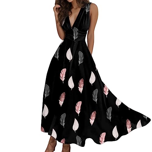 FeiliandaJJ Sommerkleid Damen Lang Sexy Ärmellos V Ausschnitt Kleider Elegant A-Linie Kleid Boho Blumenmuster Strandkleider Teenager Mädchen Festlich Minikleid Blumenkleid Freizeitkleid von FeiliandaJJ