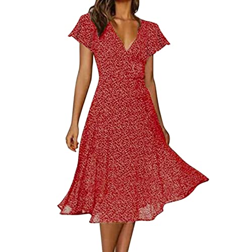 FeiliandaJJ Sommerkleider Damen Sexy Kurzarm V-Ausschnitt Knielang Blumenkleid Polka Dots Druck A-Linie Kleid Elegant Midikleid Partykleid Freizeitkleid Strandkleider von FeiliandaJJ