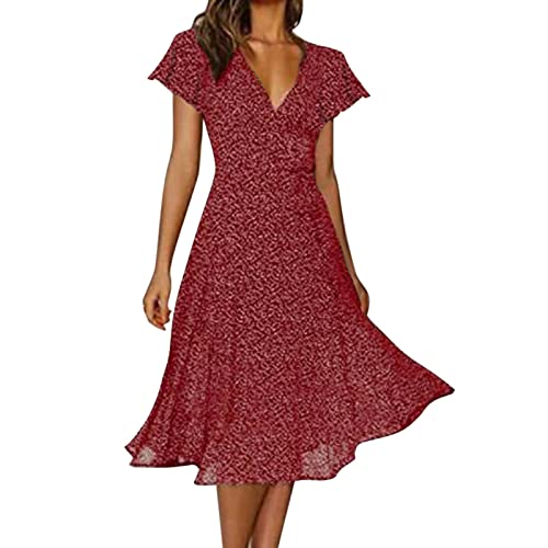 FeiliandaJJ Sommerkleider Damen Sexy Kurzarm V-Ausschnitt Knielang Blumenkleid Polka Dots Druck A-Linie Kleid Elegant Midikleid Partykleid Freizeitkleid Strandkleider von FeiliandaJJ