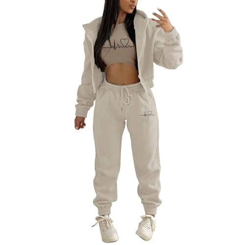 FeiliandaJJ Streatwear Trainingsanzüge Damen EKG Drucken Reißverschluss Sportanzug 3tlg Freizeitanzug Jogginganzug Kapuzenjacke + Sporthose + Tanktop S-XXL von FeiliandaJJ