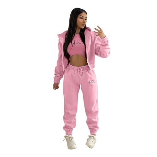 FeiliandaJJ Streatwear Trainingsanzüge Damen EKG Drucken Reißverschluss Sportanzug 3tlg Freizeitanzug Jogginganzug Kapuzenjacke + Sporthose + Tanktop S-XXL von FeiliandaJJ